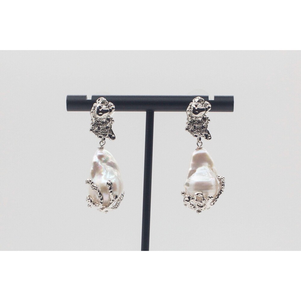 1.8” White Baroque Pearl Earrings Rhodium Plated Melt Design Studs